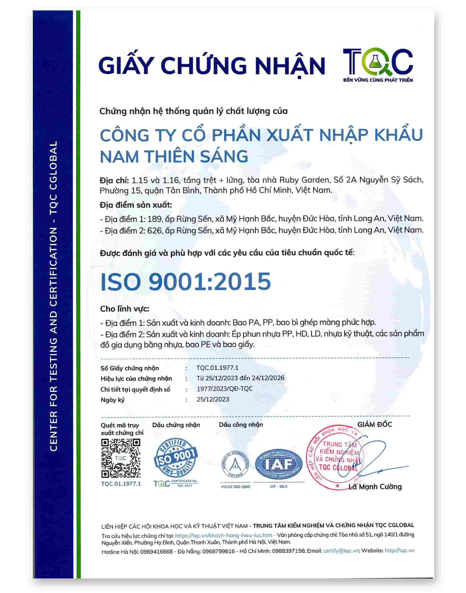 tiêu chuẩn ISO 9001:2015, Nam Thiên Sáng